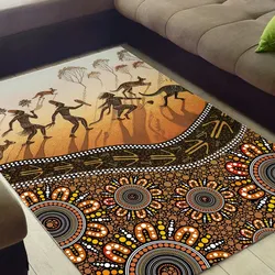 Aboriginal Dot Painting Carpet Rug Hunting Kangaroo Orange Brown