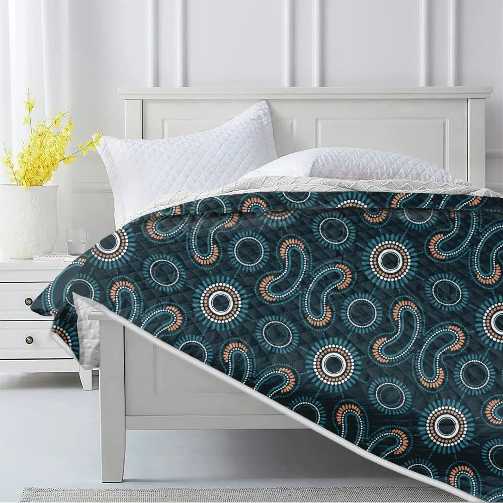 Aboriginal Dot Painting Quilt Boomerang Pattren Navy Blue