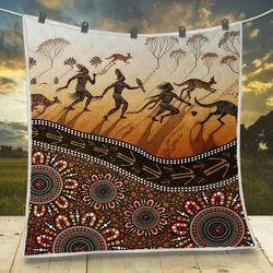 Aboriginal Dot Painting Quilt Hunting Kangaroo Orange Brown