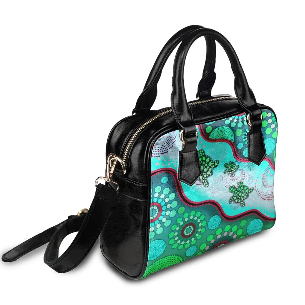 Aboriginal Dot Painting Shoulder Handbag Turtle Dot Jade Green