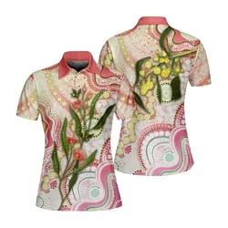 Aboriginal Urban Women Polo Shirt Wattle Eucalyptus Blossom Peach Pastel