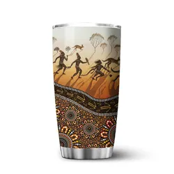 Aboriginal Dot Painting Tumbler Hunting Kangaroo Orange Brown
