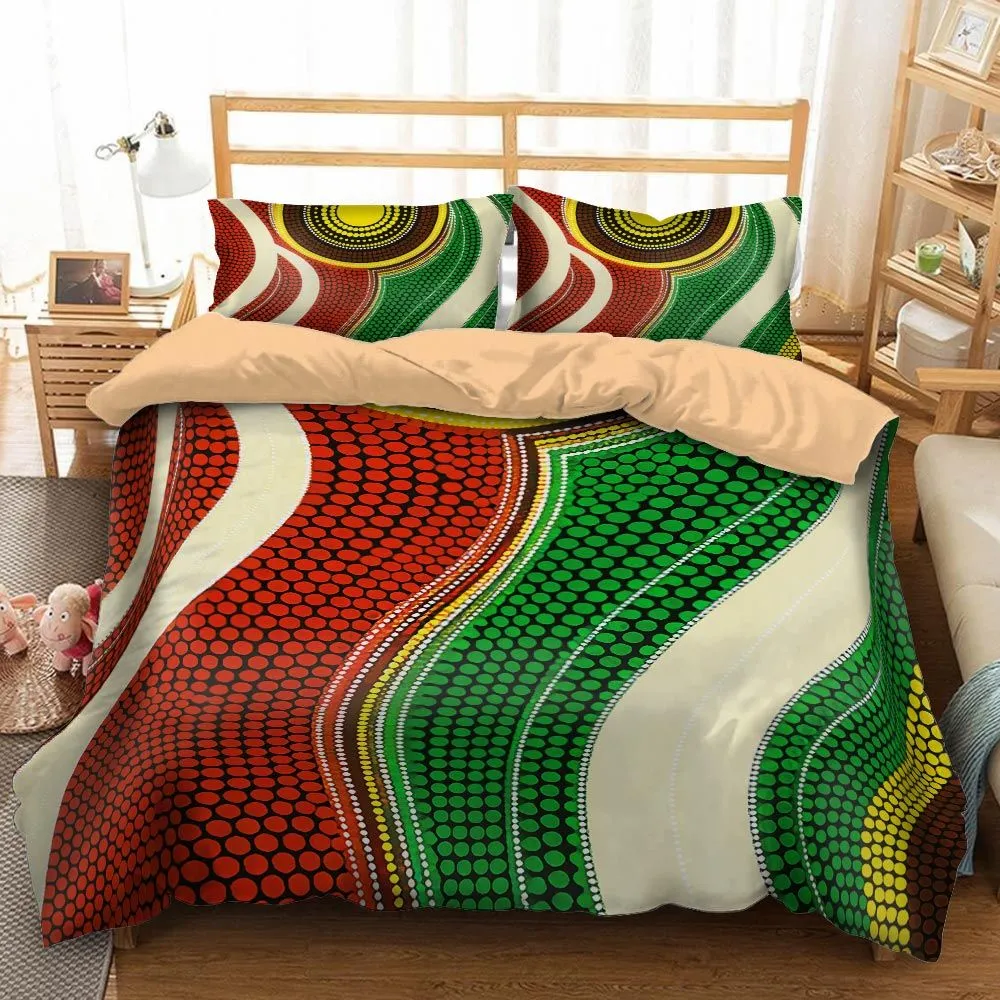 Aboriginal Dot Painting Bedding Set Sun Flow Red And Green