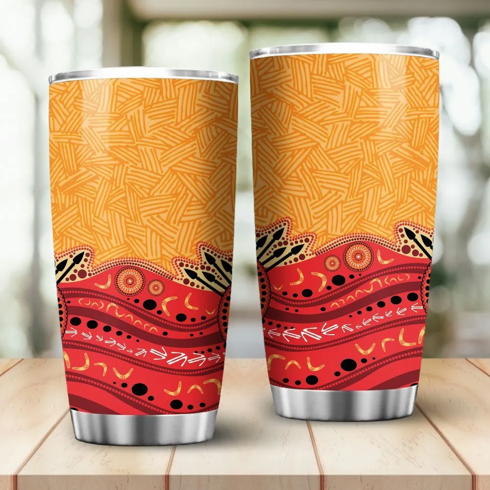 Aboriginal Rarrk Tumbler Boomerang Spear Red Orange Dot Painting
