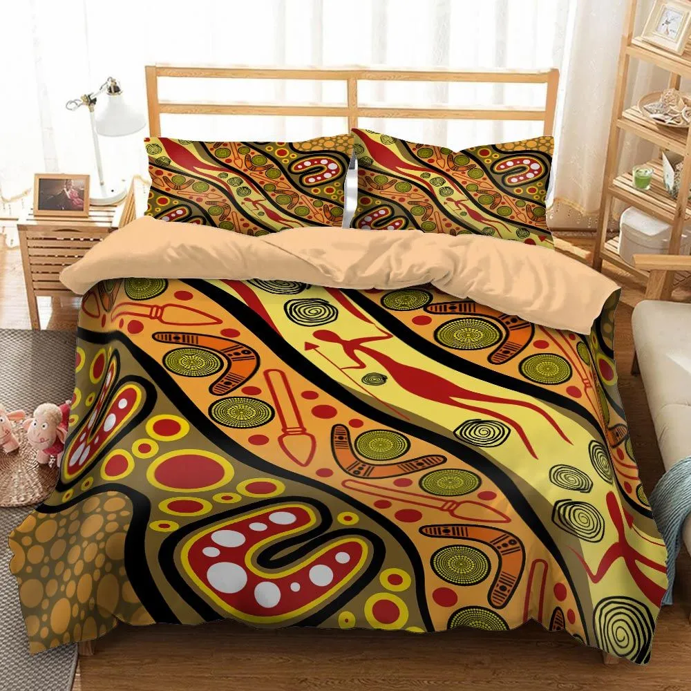 Aboriginal Dot Painting Bedding Set Hunting Journey Ochre