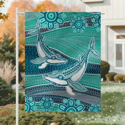 Aboriginal Dot Painting Garden Flag Whale Dot Blue Green