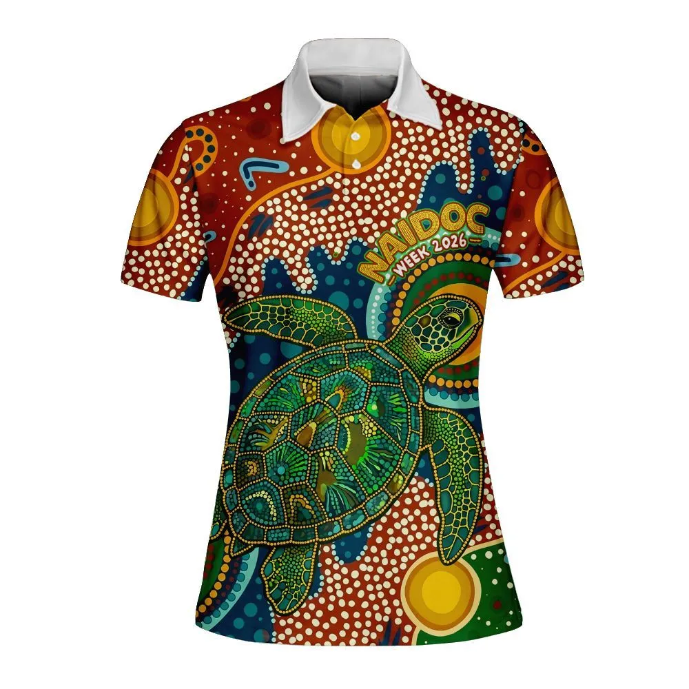Aboriginal Dot Painting Women Polo Shirt Green Sea Turtle NAIDOC Week 2026