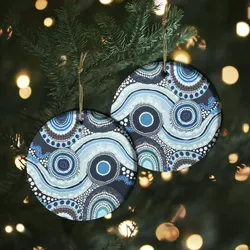 Aboriginal Dot Painting Ornament Waterhole Running Water Blue Ceramic Ornament