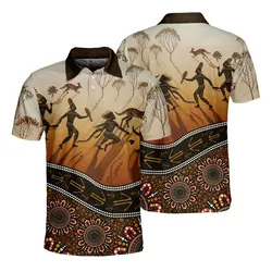 Aboriginal Dot Painting Men's Polo Shirt Hunting Kangaroo Orange Brown