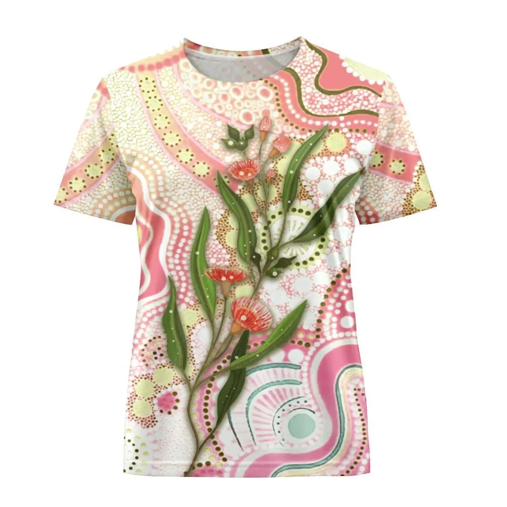 Aboriginal Urban Women T-Shirt Wattle Eucalyptus Blossom Peach Pastel