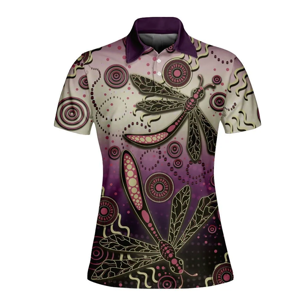 Aboriginal Dot Painting Women Polo Shirt Dragonfly Mauve Urban