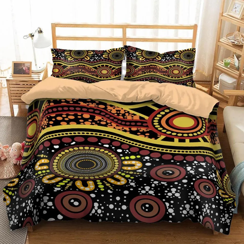 Aboriginal Dot Painting Bedding Sets Water Path Dreaming Yellow
