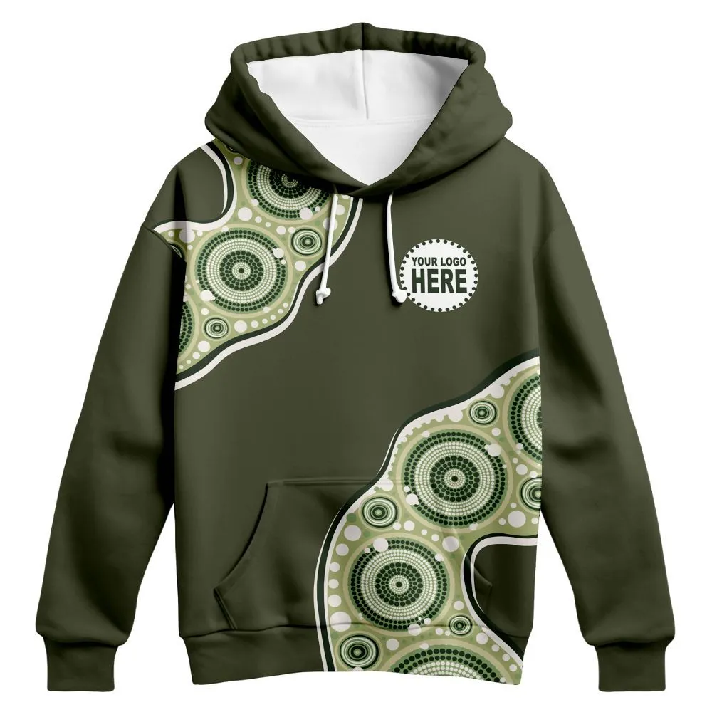 Aboriginal Dot Painting Custom Logo Hoodie Waterhole Dark Olive Green Zip Up Hoodie