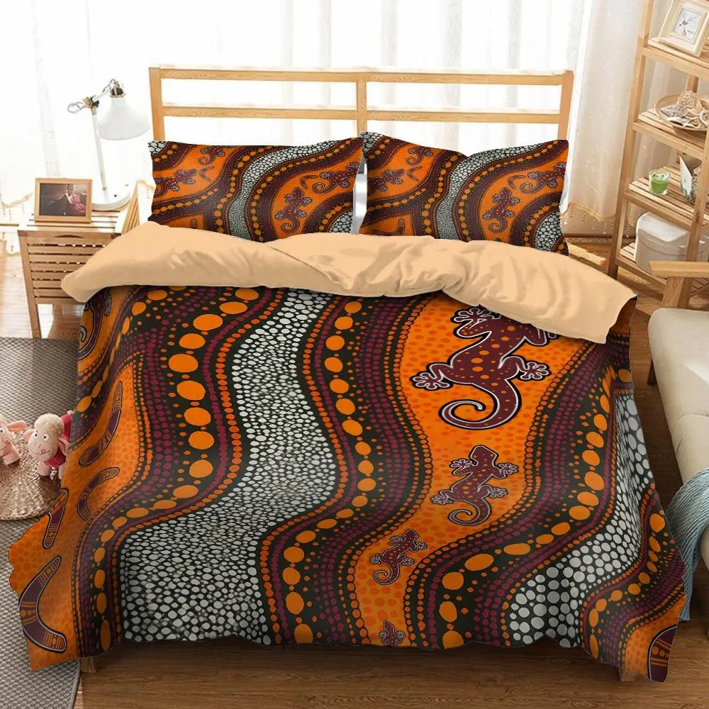 Aboriginal Dot Painting Bedding Set Hunting Goanna Orange