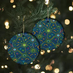 Aboriginal Dot Painting Ornament Circle Of Ancestors Blue Ceramic Ornament