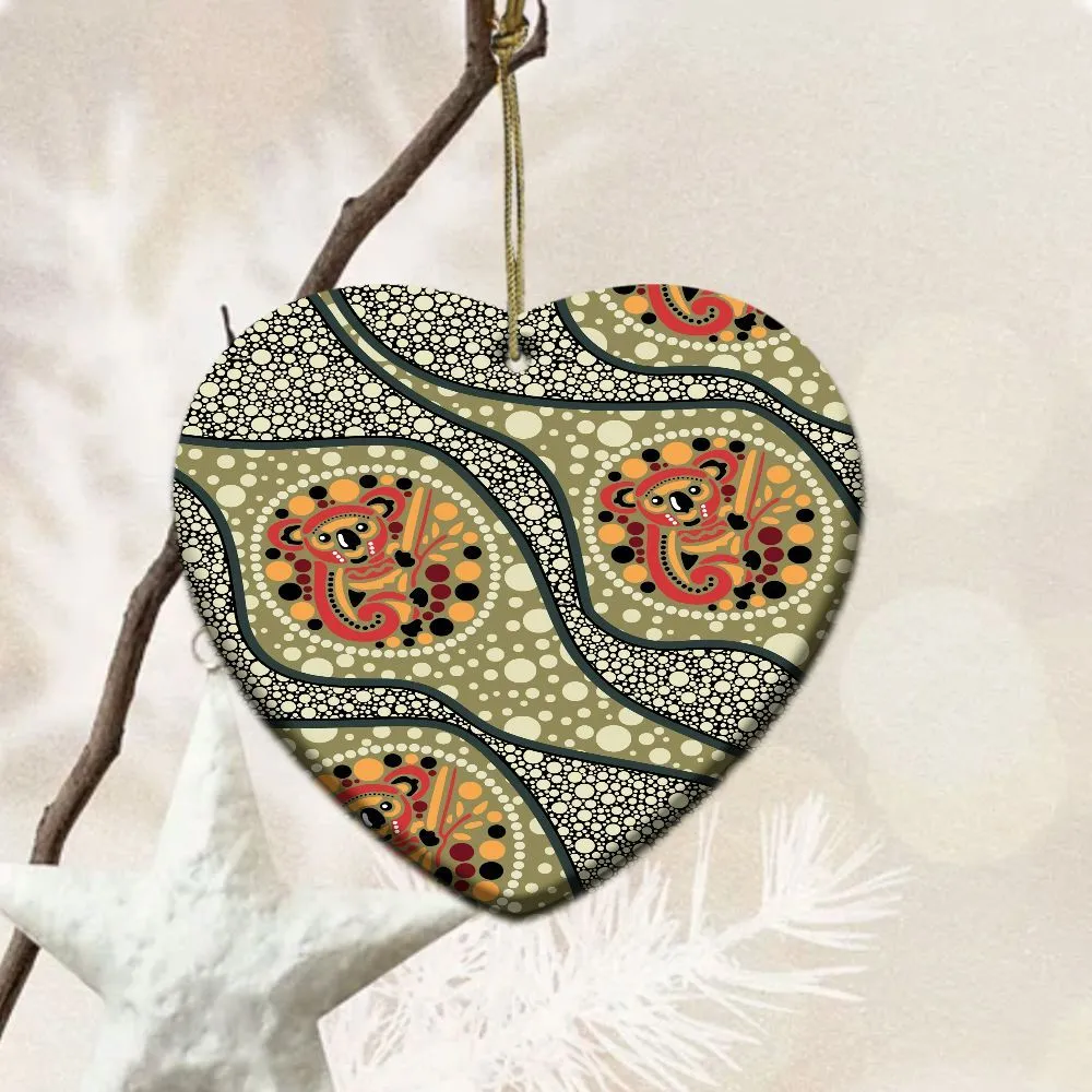 Aboriginal Dot Painting Ornament Koala Olive Green Ceramic Ornament