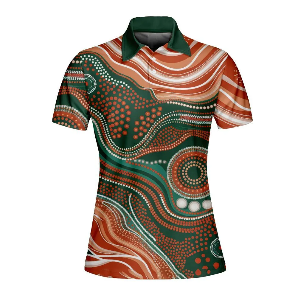 Aboriginal Dot Painting Women Polo Shirt Running River Green Orange