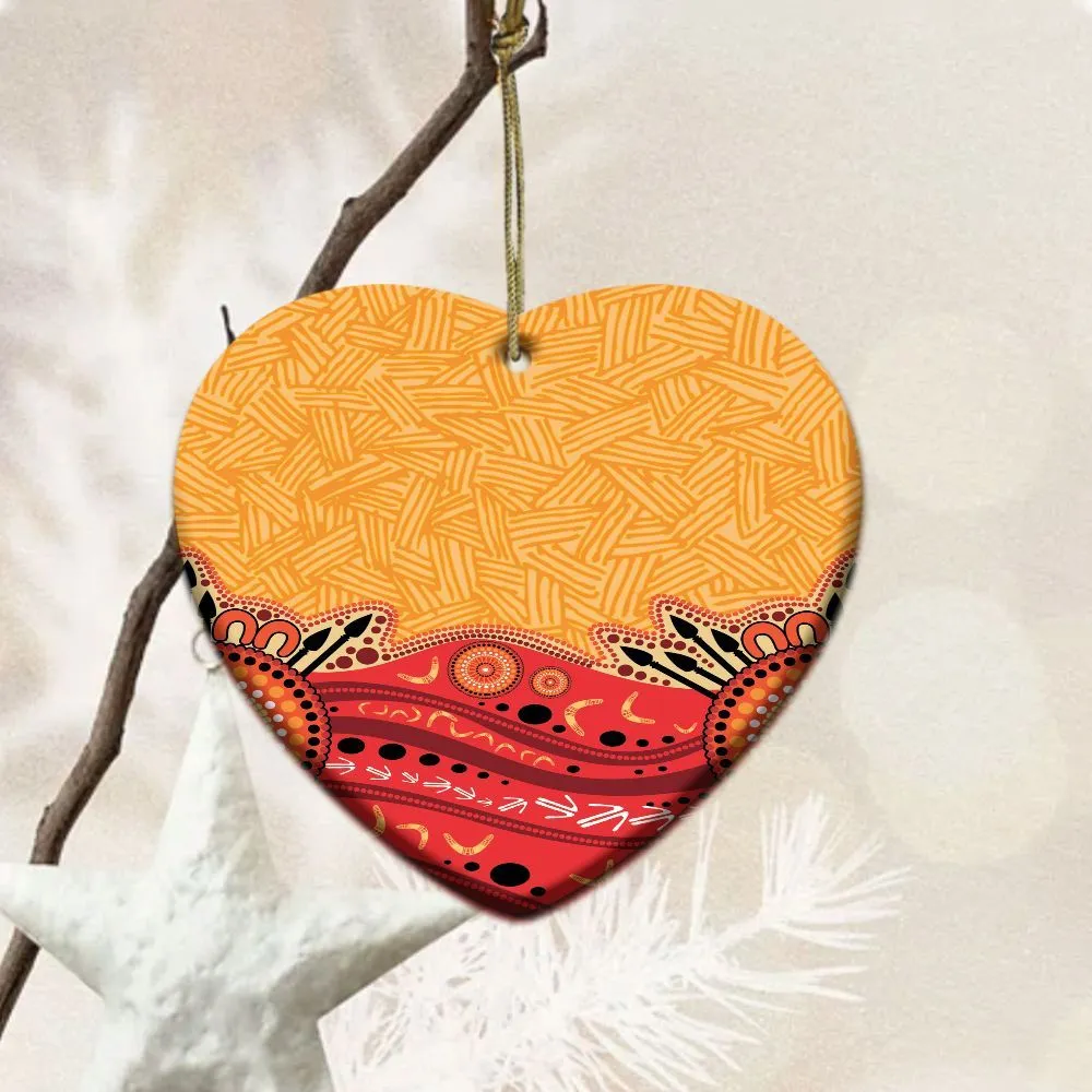 Aboriginal Rarrk Ornament Boomerang Spear Red Orange Dot Painting Ceramic Ornament