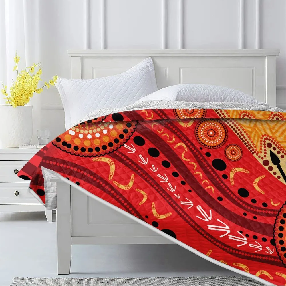 Aboriginal Rarrk Quilt Boomerang Spear Red Orange Dot Painting