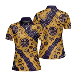 Aboriginal Dot Painting Women Polo Shirt Dreaming Paths Royal Blue And Yellow