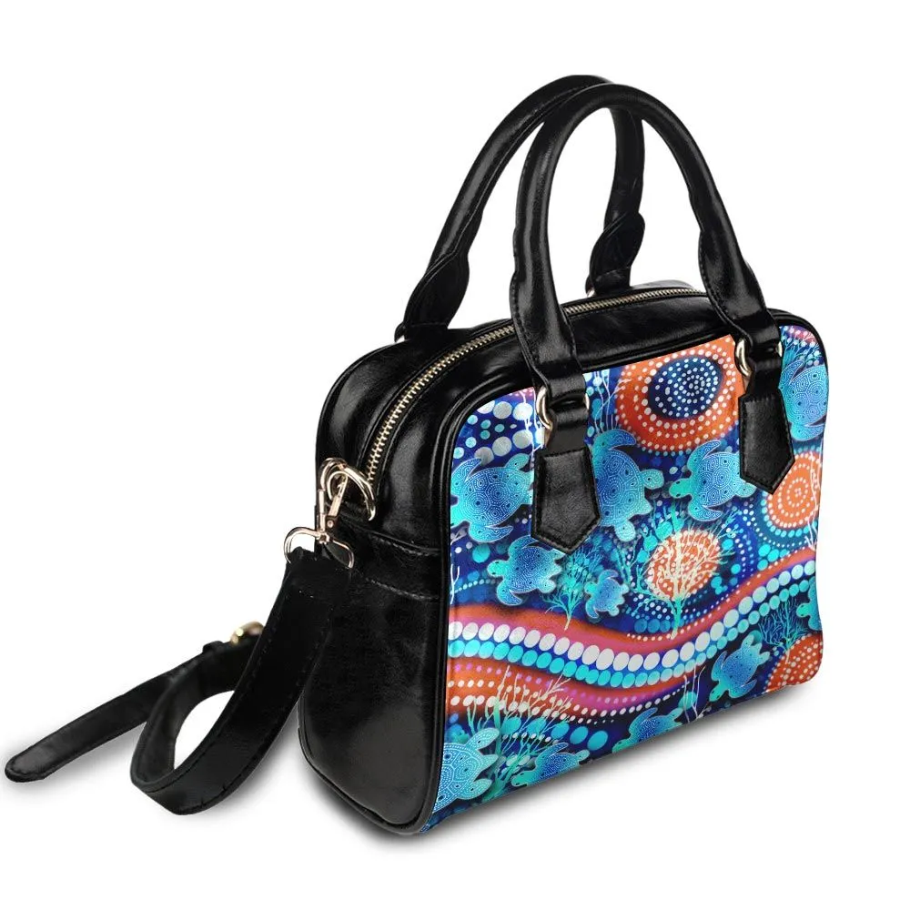 Aboriginal Dot Painting Shoulder Handbag Turtle Waterhole Royal Blue
