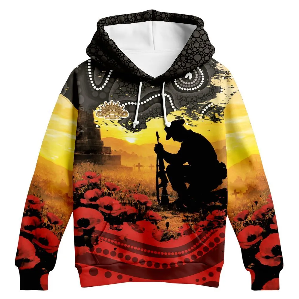 Lest We Forget Hoodie Aboriginal Soldier Memorial Silhouette Red Poppy Zip Up Hoodie