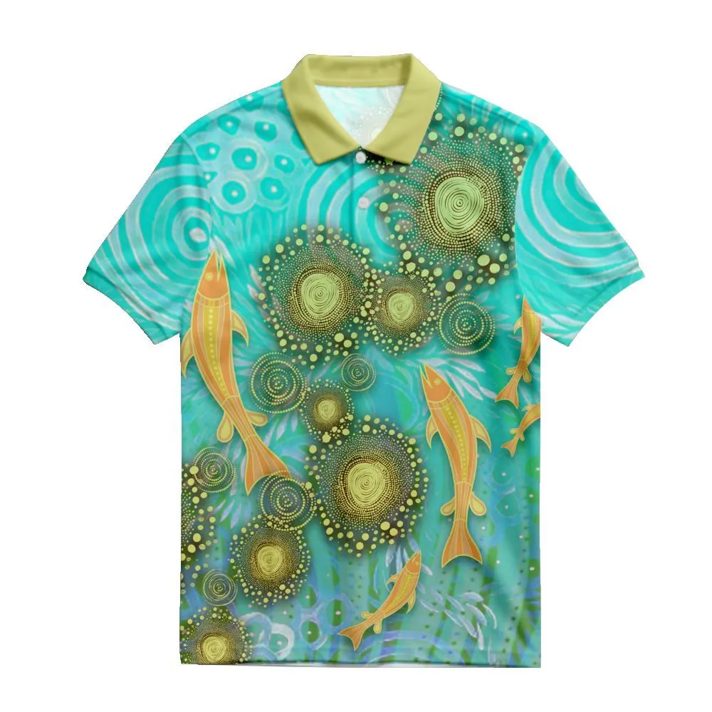 Aboriginal Dot Painting Polo Shirt Fish Blue