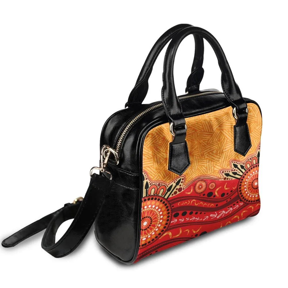 Aboriginal Rarrk Shoulder Handbag Boomerang Spear Red Orange Dot Painting