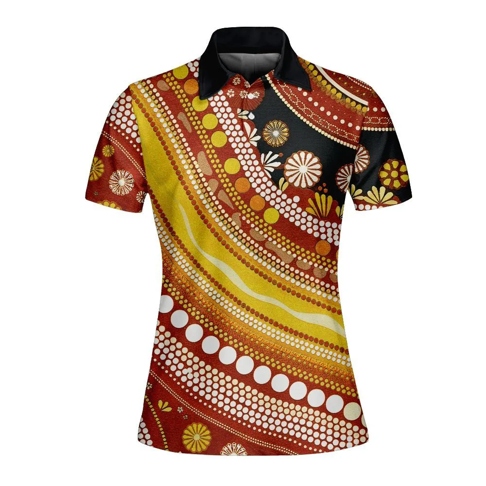 Aboriginal Dot Painting Women Polo Shirt Running Water Plants Red Yellow