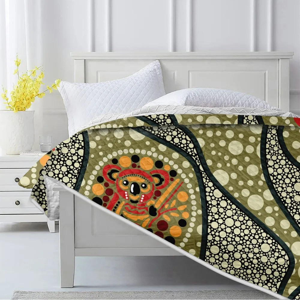 Aboriginal Dot Painting Quilt Koala Olive Green