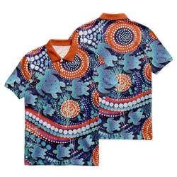 Aboriginal Dot Painting Polo Shirt Turtle Waterhole Royal Blue
