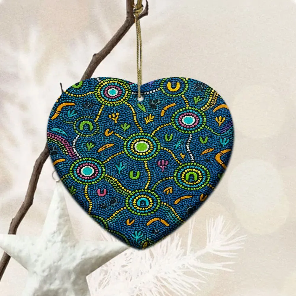 Aboriginal Dot Painting Ornament Circle Of Ancestors Blue Ceramic Ornament