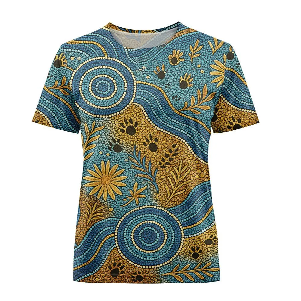 Aboriginal Dot Painting Women T-Shirt Waterhole And Plants
