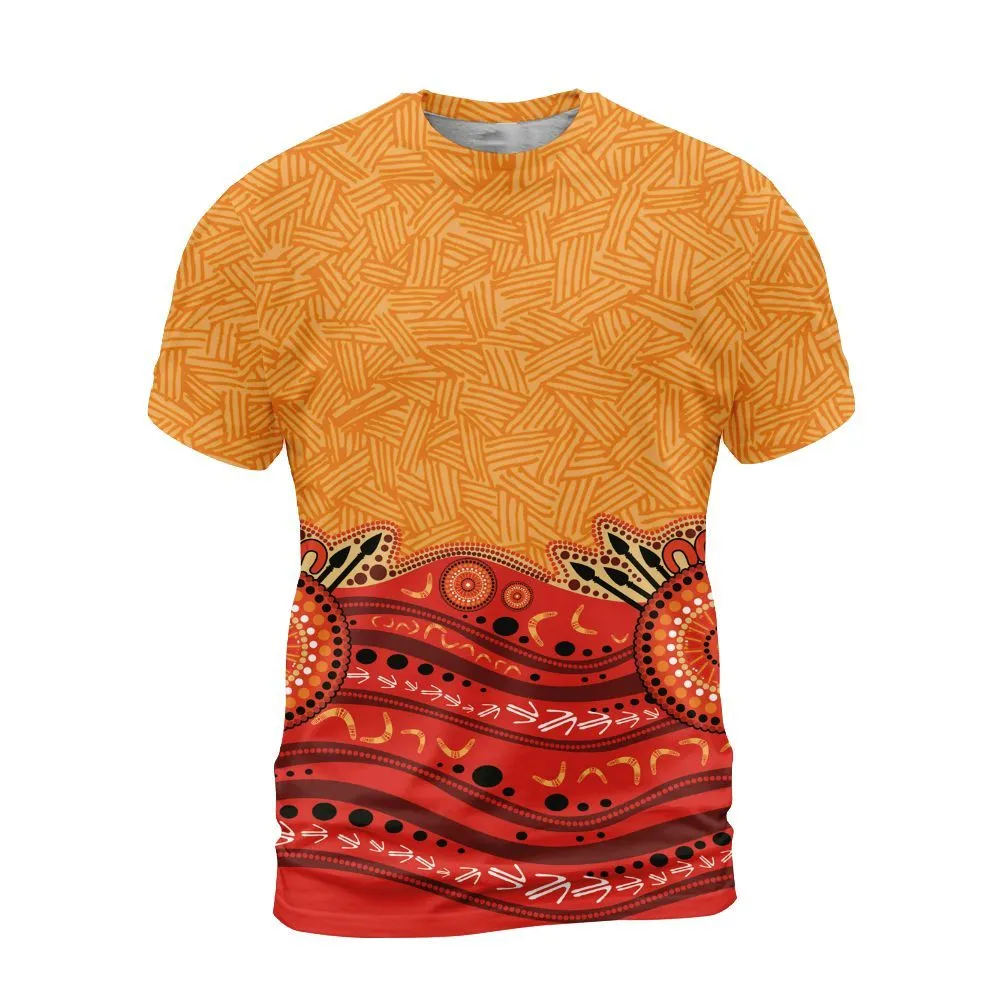 Aboriginal Rarrk Men's T-Shirt Boomerang Spear Red Orange Dot Painting