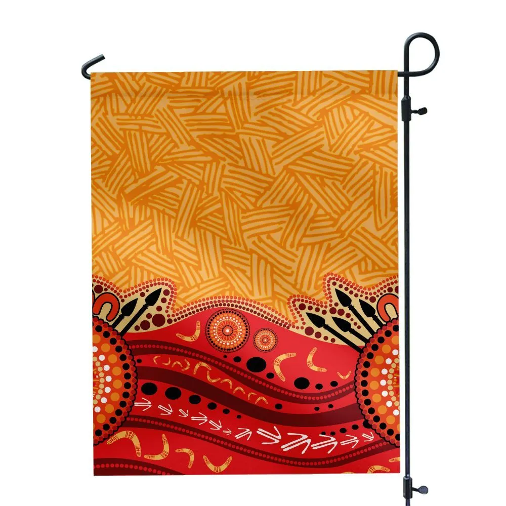 Aboriginal Rarrk Garden Flag Boomerang Spear Red Orange Dot Painting