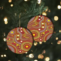 Aboriginal Dot Painting Ornament Circles Of Connection Red Ceramic Ornament