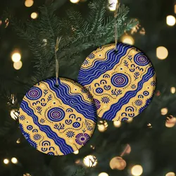 Aboriginal Dot Painting Ornament Dreaming Paths Royal Blue And Yellow Ceramic Ornament