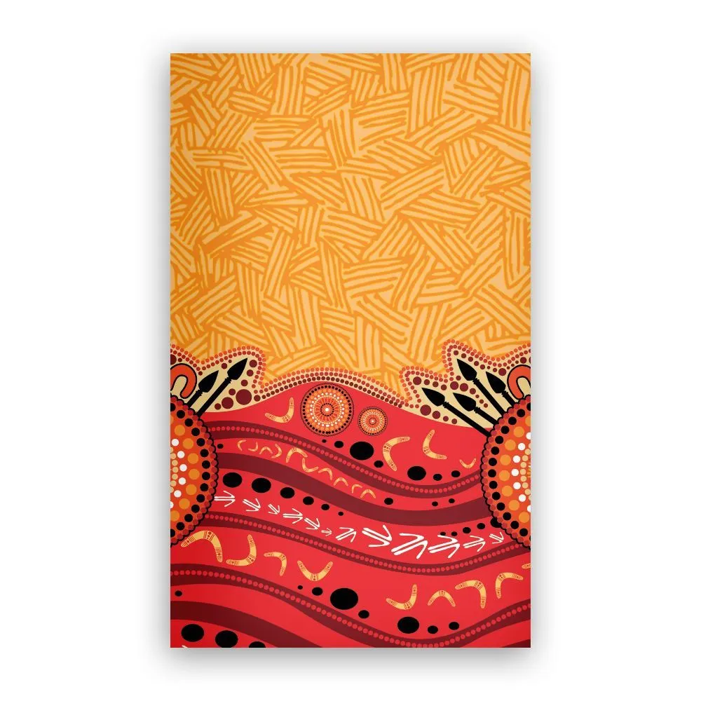 Aboriginal Rarrk Carpet Rug Boomerang Spear Red Orange Dot Painting
