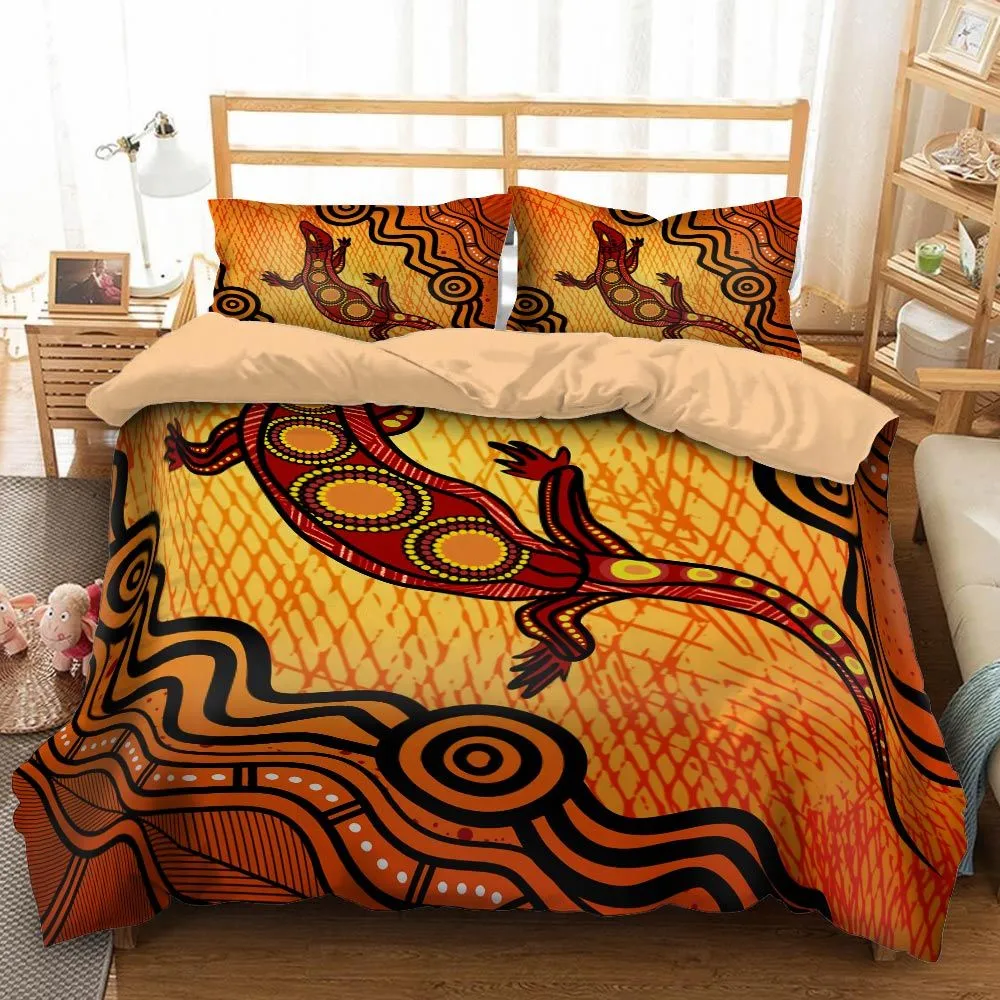 Aboriginal Rarrk Bedding Set Goanna Red Orange
