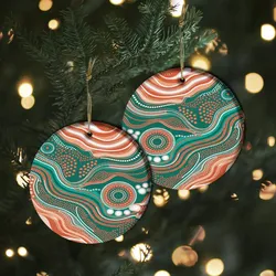 Aboriginal Dot Painting Ornament Running River Green Orange Ceramic Ornament