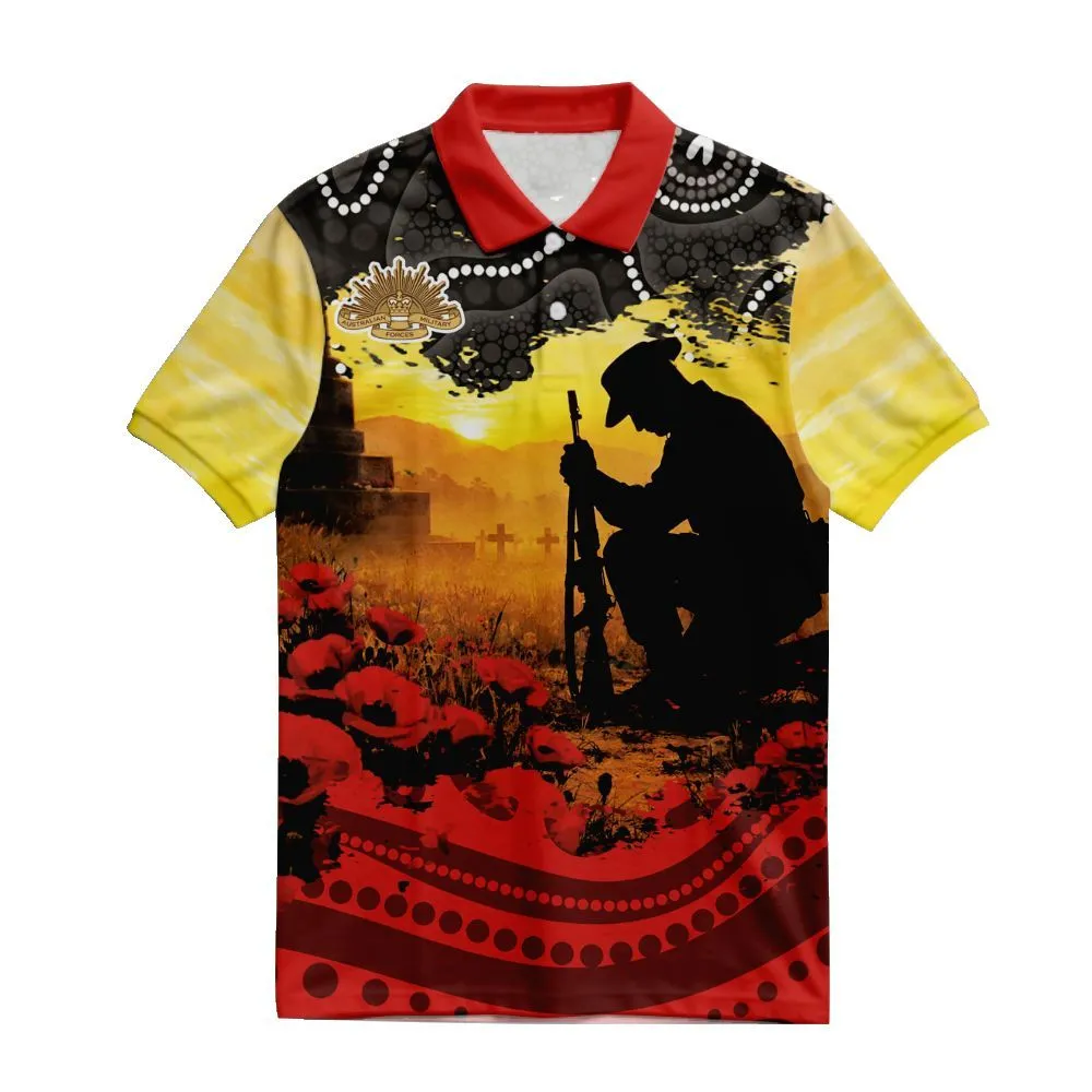 Lest We Forget Polo Shirt Aboriginal Soldier Memorial Silhouette Red Poppy