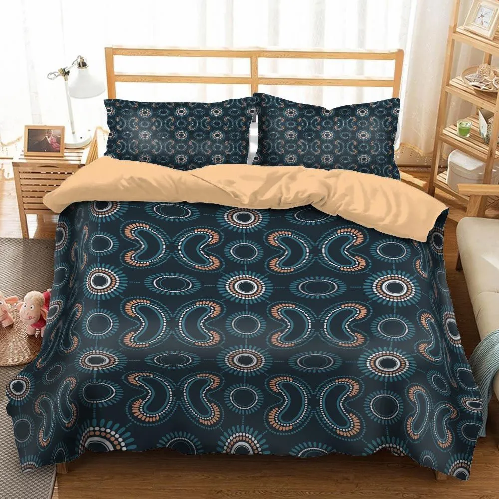 Aboriginal Dot Painting Bedding Set Boomerang Pattren Navy Blue