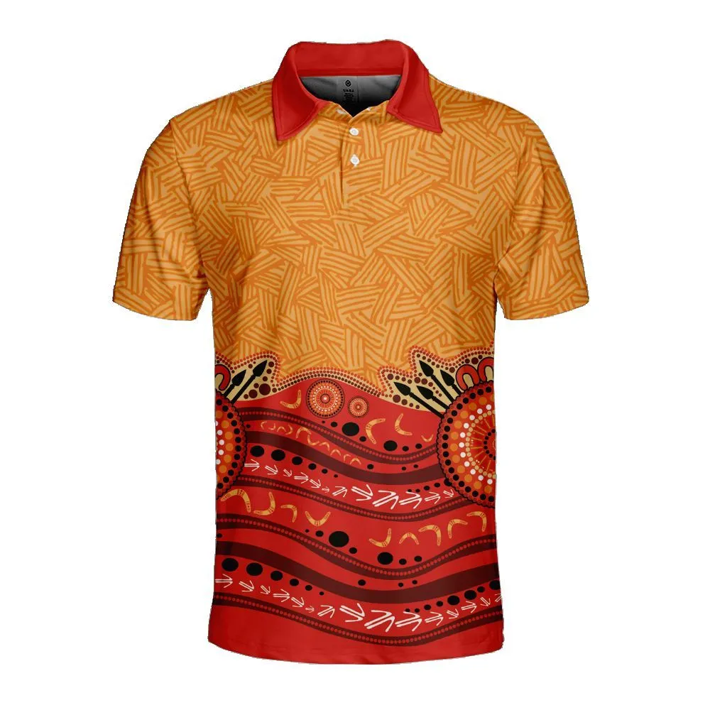 Aboriginal Rarrk Men's Polo Shirt Boomerang Spear Red Orange Dot Painting