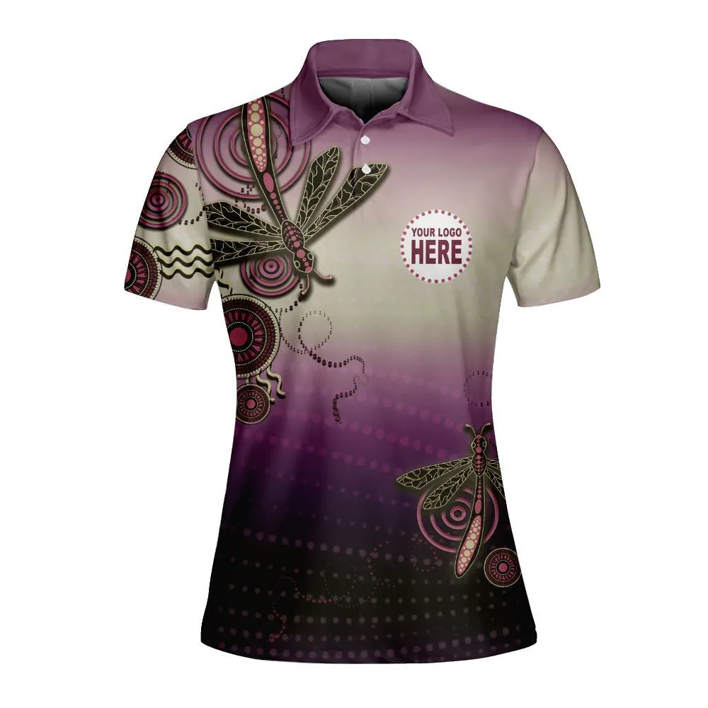 Aboriginal Dot Painting Custom Logo Women Polo Shirt Dragonfly Mauve Urban