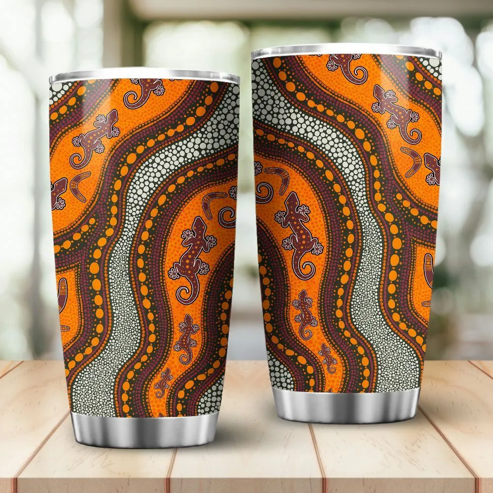 Aboriginal Dot Painting Tumbler Hunting Goanna Orange