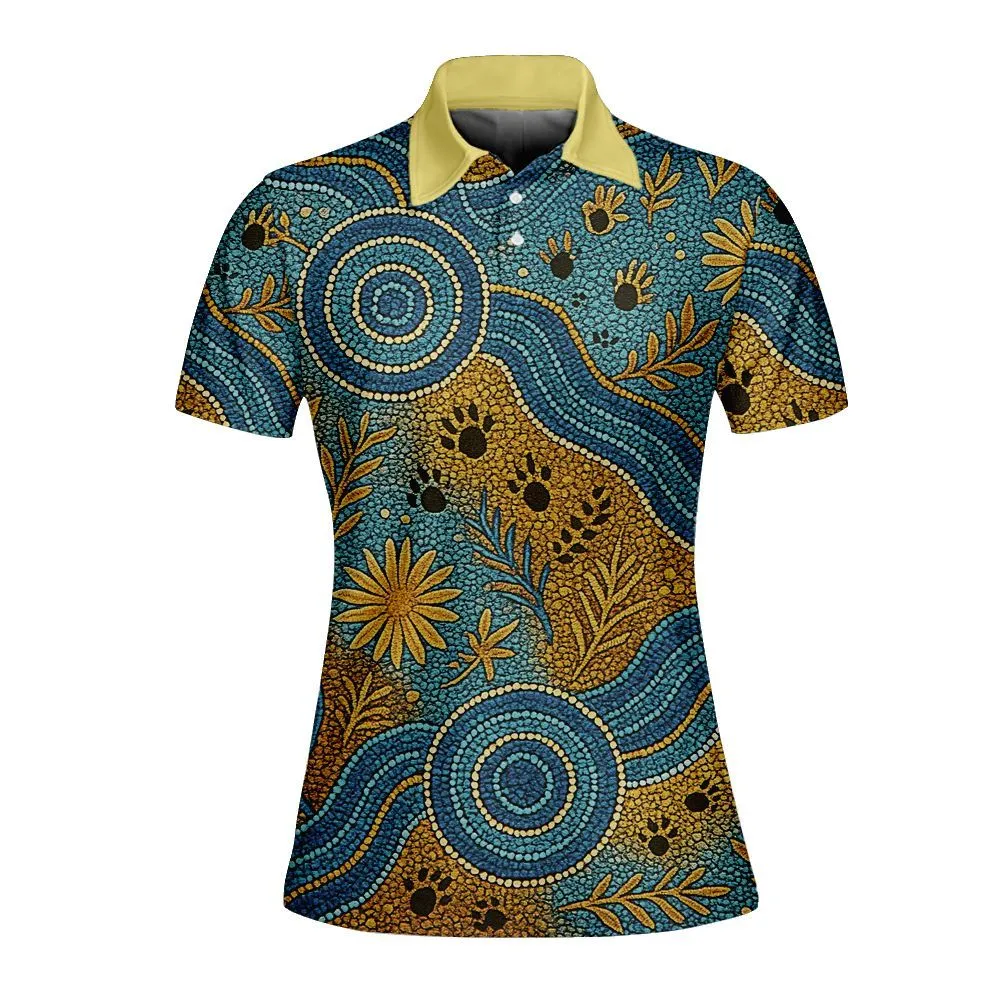 Aboriginal Dot Painting Women Polo Shirt Waterhole And Plants
