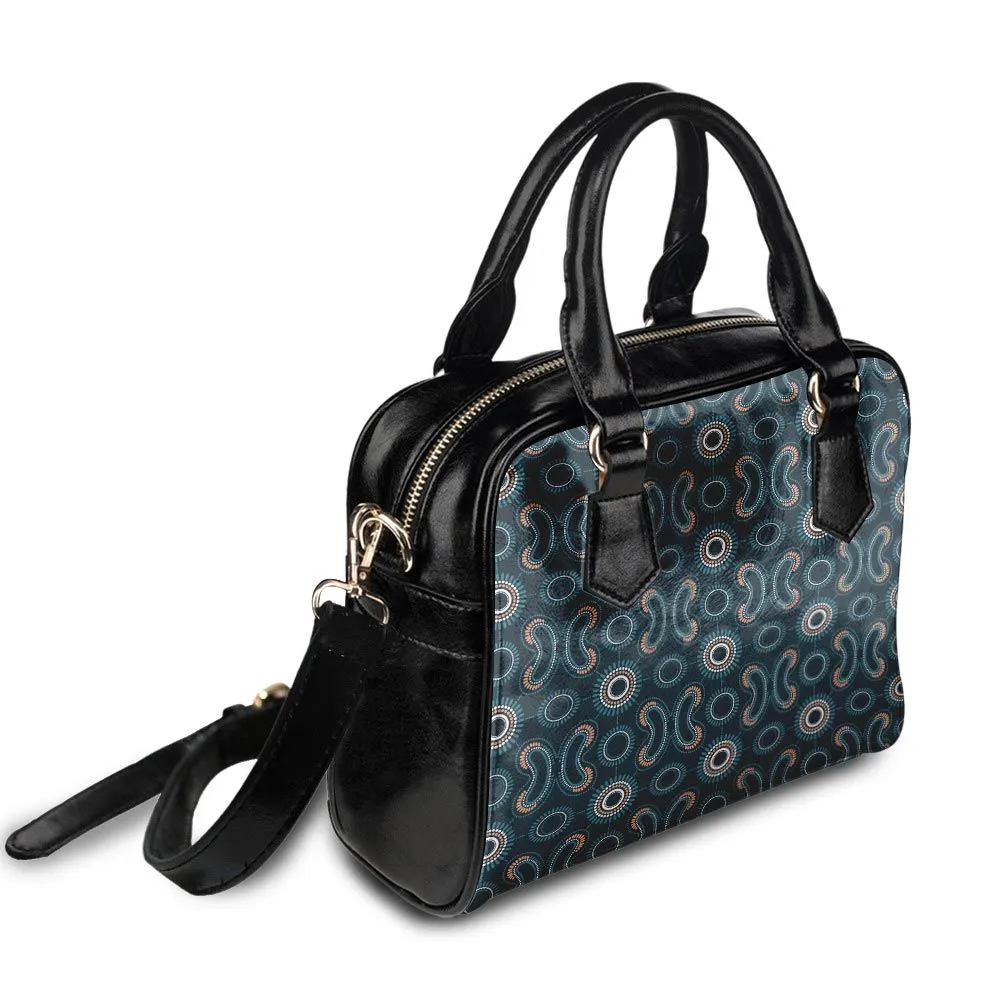 Aboriginal Dot Painting Shoulder Handbag Boomerang Pattren Navy Blue