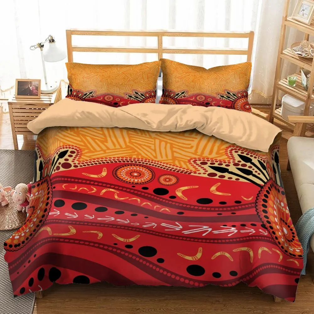 Aboriginal Rarrk Bedding Set Boomerang Spear Red Orange Dot Painting