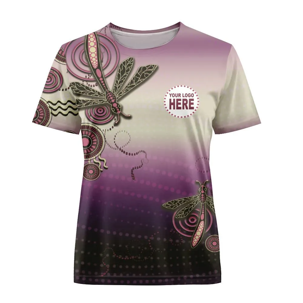 Aboriginal Dot Painting Custom Logo Women T-Shirt Dragonfly Mauve Urban