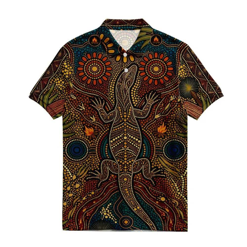 Aboriginal Dot Painting Polo Shirt NAIDOC 2026 Sunfire Goanna